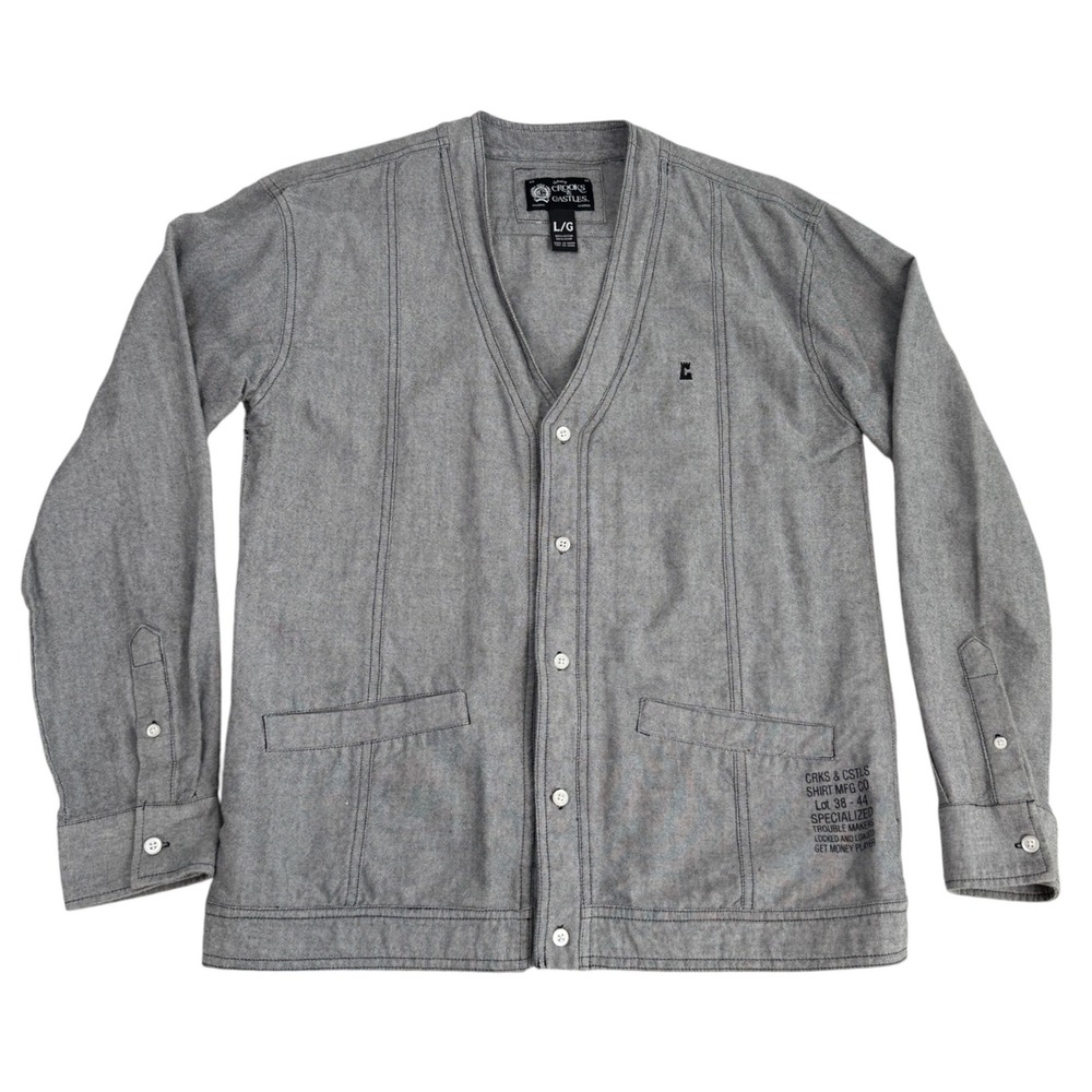 Crooks & Castles Mens Gray Cotton Button Up V-Neck Cardigan Shirt Large CA43041